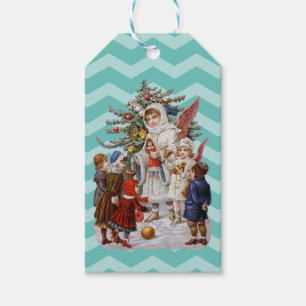 Étiquettes-cadeau Ange de Noël, enfants et un arbre de Noël