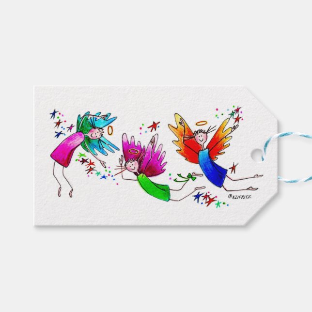 Étiquettes-cadeau Angels Rouge Vert et Bleu Joyeux Esprits Aquarelle (Devant (Horizontal))