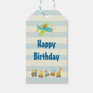 Étiquettes-cadeau Animal Toy Train et avion sur Stripes Anniversaire