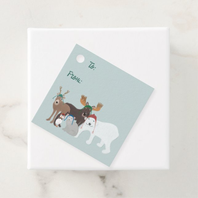 Étiquettes Cadeau Animaux arctiques en hiver Noël Casquette (En situation)