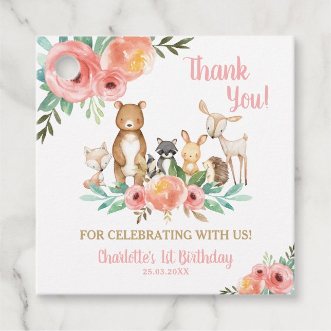 Étiquettes Cadeau Animaux boisés floraux Merci de fête d'anniversair (Devant)