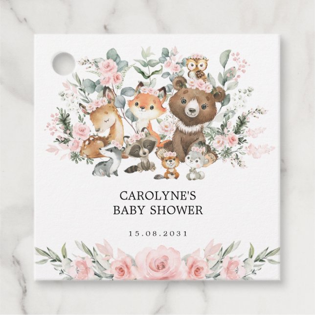 Étiquettes Cadeau Animaux de bois rose Eucalyptus Baby shower fille (Devant)