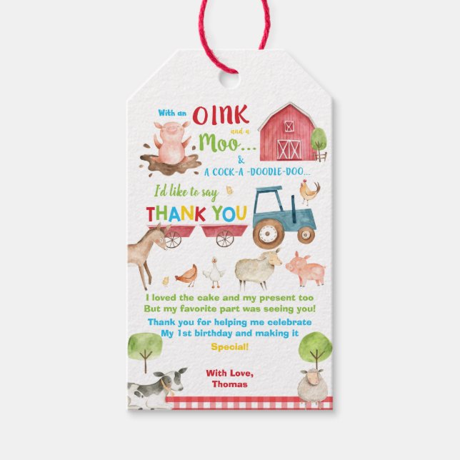 Étiquettes-cadeau Animaux de ferme Barnyard Anniversaire Merci Favor (Devant)