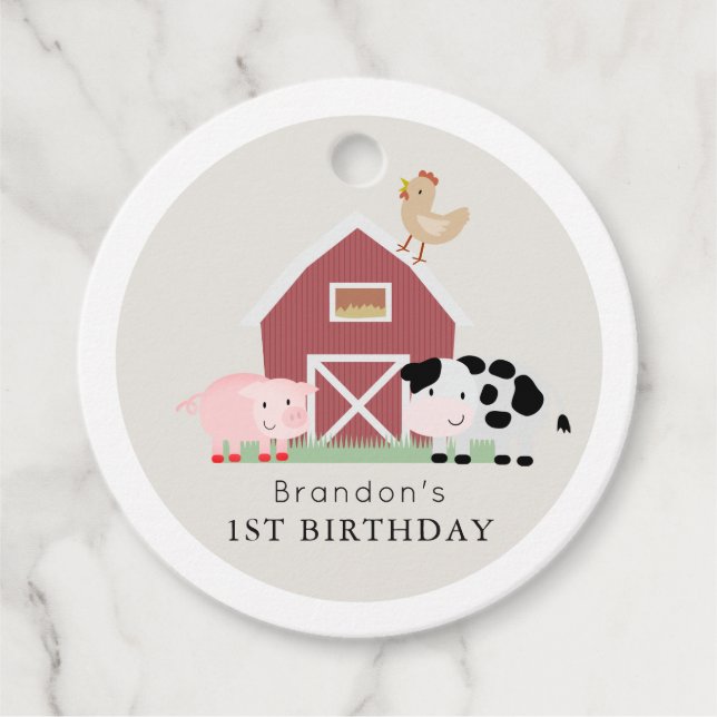 Étiquettes Cadeau Animaux de ferme Barnyard Beige Merci d'anniversai (Devant)