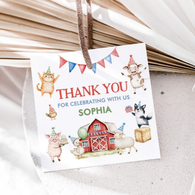 Étiquettes Cadeau Animaux de ferme Barnyard Carré de fête d'annivers (Farm Animals Red Barnyard Birthday Party Square Favor Tags)