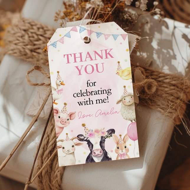 Étiquettes-cadeau Animaux de ferme Pink Barnyard Party Merci (Créateur téléchargé)