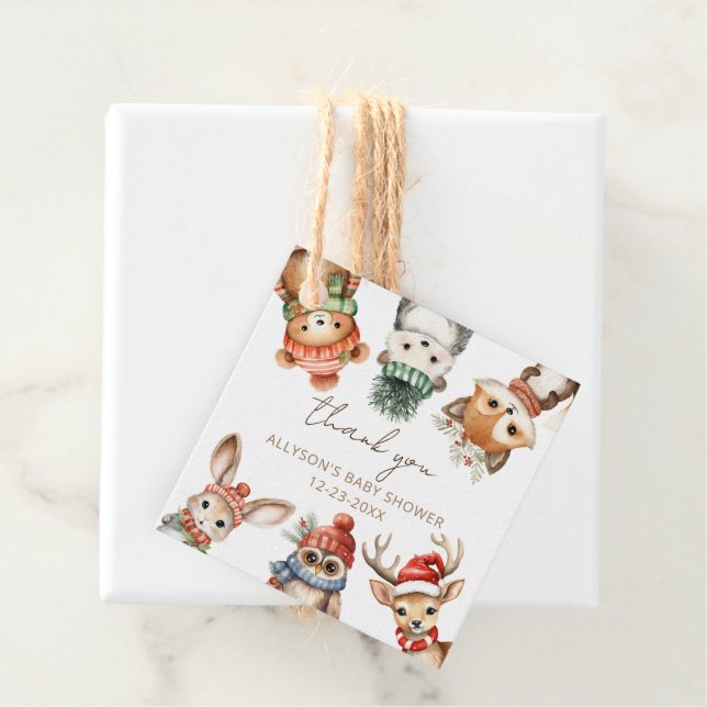 Étiquettes Cadeau Animaux des bois baby shower d'hiver de Noël (En situation)