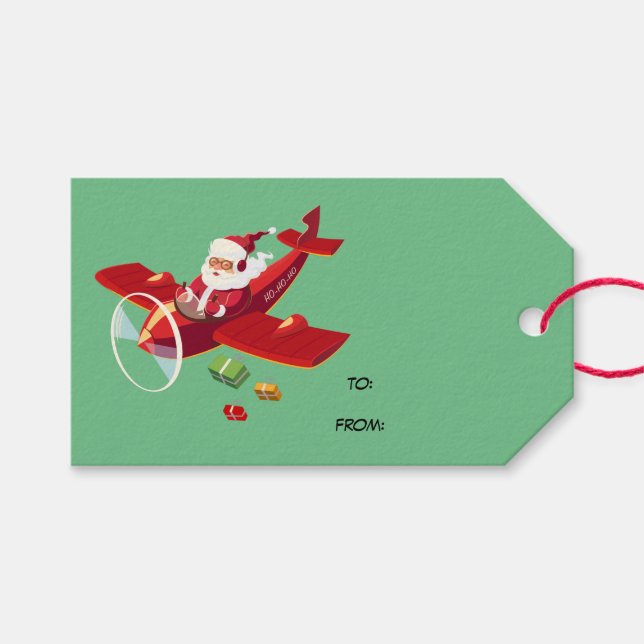 Étiquettes-cadeau Animé Père Noël et son avion (Devant (Horizontal))