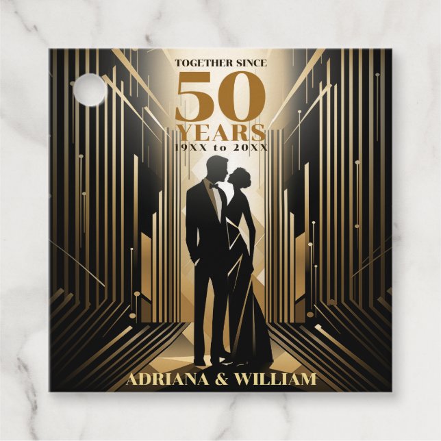Étiquettes Cadeau Anniversaire Art Déco Retro Black & Gold Mariage (Devant)