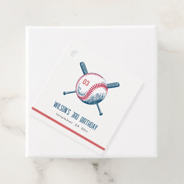 Étiquettes Cadeau Anniversaire de enfant de baseball rouge de la Mar (En situation)