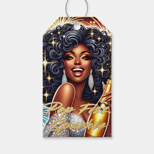 Étiquettes-cadeau Anniversaire de la femme afro-américaine glamour/N (Devant)