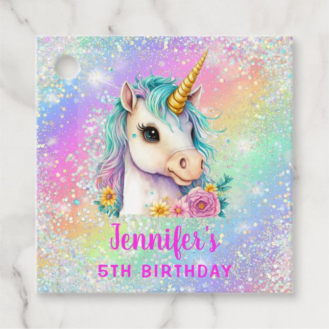 Étiquettes Cadeau Anniversaire de la licorne arc-en-ciel (Devant)