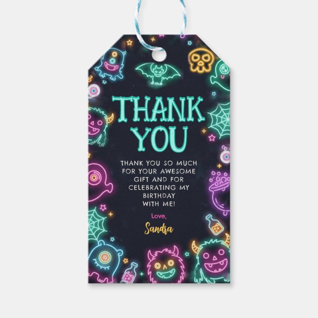 Étiquettes-cadeau Anniversaire de Spooktacular Neon Halloween (Devant)