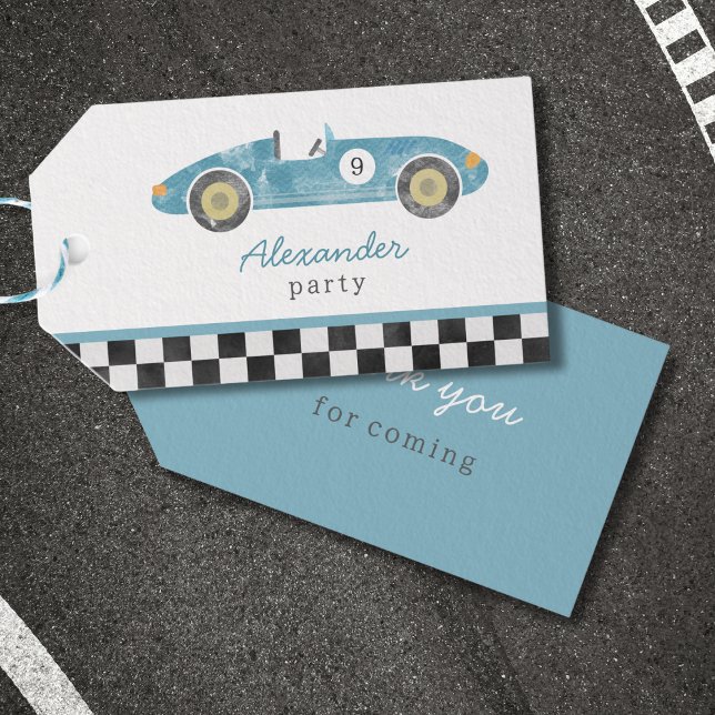 Étiquettes-cadeau anniversaire de voiture de course bleue (Créateur téléchargé)