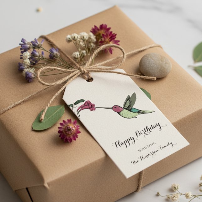 Étiquettes-cadeau Anniversaire des colibris d'ivoire (Elegant Ivory Hummingbird Gift Tags for Nature Lover. Colorful Floral Bird & Flower Illustration. )