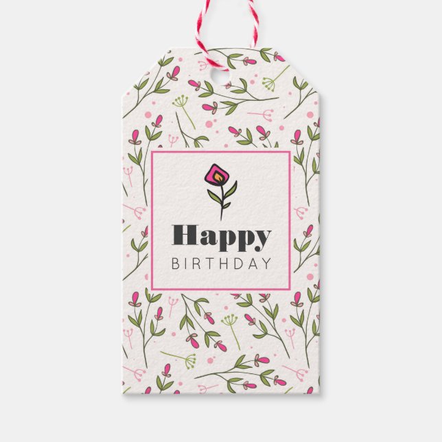 Étiquettes-cadeau Anniversaire des Fleurs sauvages roses et verts (Devant)