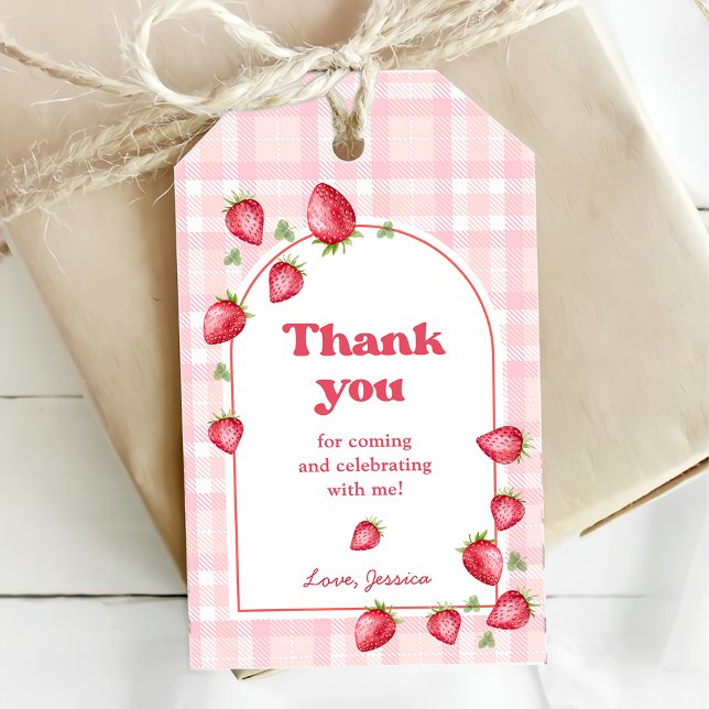 Étiquettes-cadeau Anniversaire des fraises roses En vichy (Créateur téléchargé)