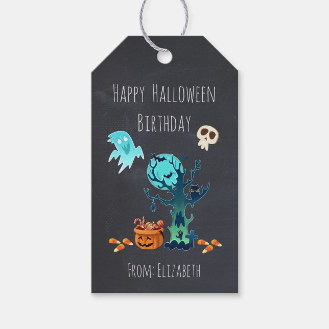 Étiquettes-cadeau Anniversaire D'Halloween Avec Fantômes Bats Crânes (Devant)