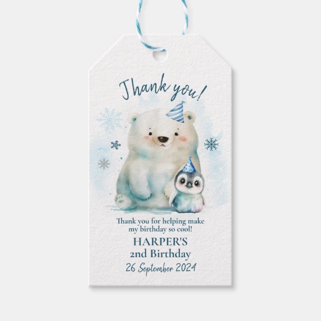Étiquettes-cadeau Anniversaire d'hiver des ours pingouins et polaire (Devant)