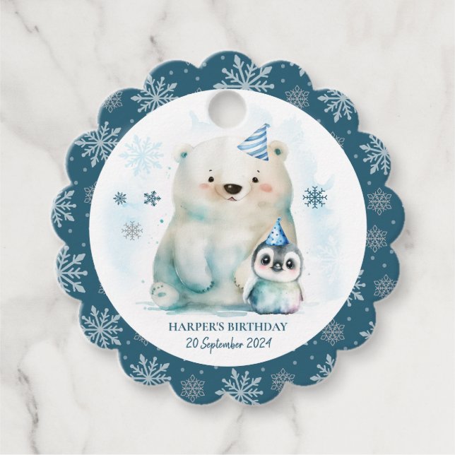 Étiquettes Cadeau Anniversaire d'hiver des ours pingouins et polaire (Devant)