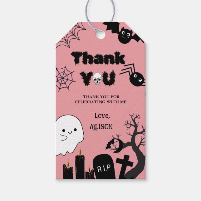 Étiquettes-cadeau Anniversaire du Merci rose Éffrayant d'Halloween (Devant)