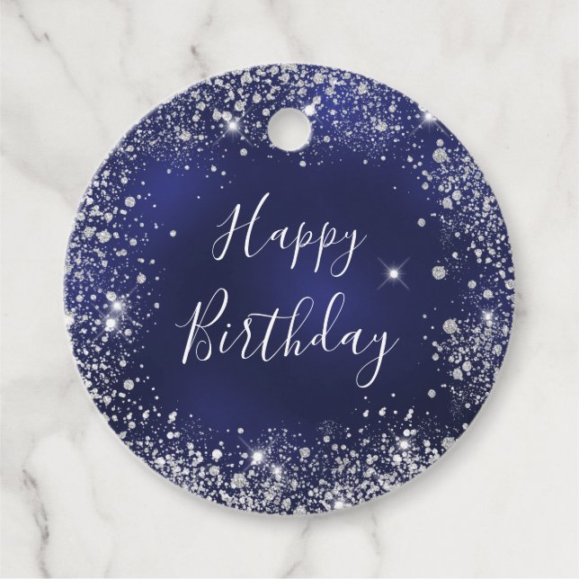 Étiquettes Cadeau Anniversaire marine bleu argent parties scintillan (Devant)