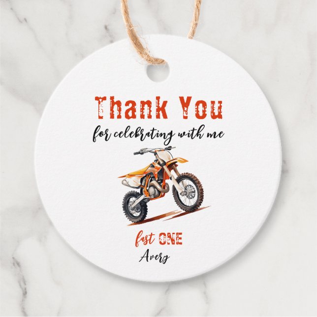 Étiquettes Cadeau Anniversaire modifiable Orange Dirt Bike Anniversa (Devant)