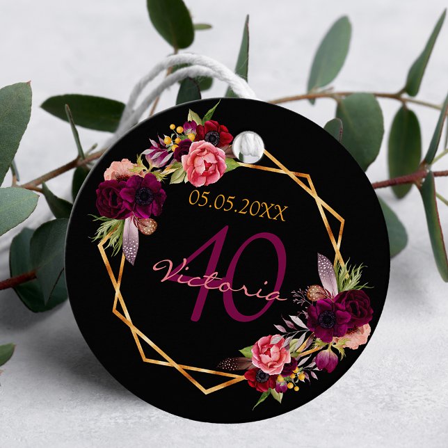 Étiquettes Cadeau Anniversaire noir or floral bordeaux merci (Créateur téléchargé)