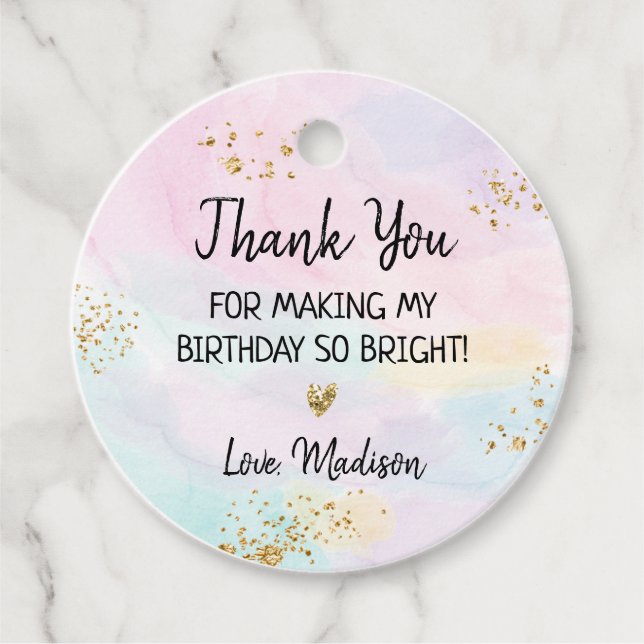 Étiquettes Cadeau Anniversaire Pastel Rainbow Pink Gold (Devant)