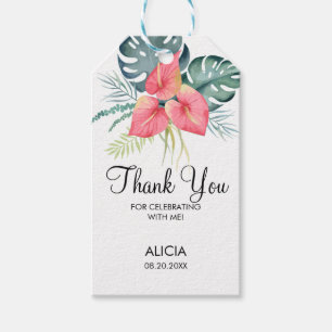 Étiquettes-cadeau Anthurium rose et Merci de Monstera à la flore tro