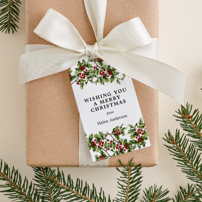 Étiquettes-cadeau Antique Holly Noël (vintage holly graphic custom message Christmas gift tag)