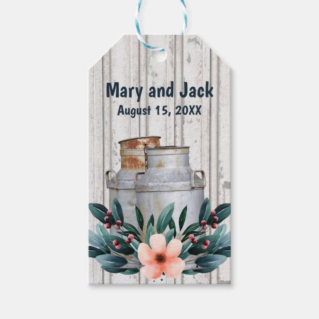 Étiquettes-cadeau Antique Lait Cans Monogramme rustique Mariage Méta (Devant)