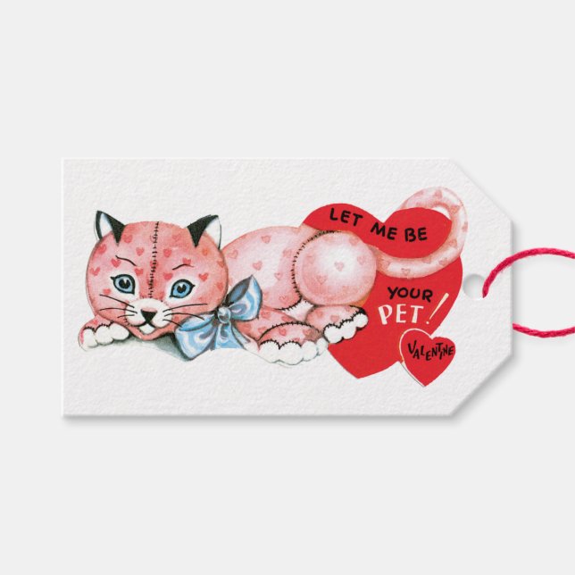 Étiquettes-cadeau Antique Valentine Chat Coeur (Devant (Horizontal))