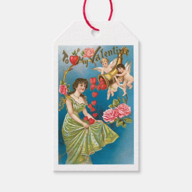 Étiquettes-cadeau Antique Valentine Cupid Heart Lady (Devant)