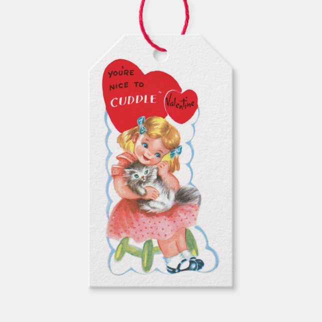 Étiquettes-cadeau Antique Valentine fille avec Kitten (Devant)