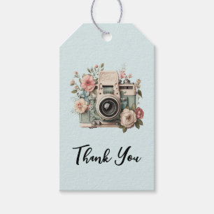 Étiquettes-cadeau Appareil photo avec image rétro pastel de fleurs M