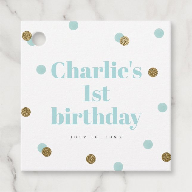 Étiquettes Cadeau Aqua bleu et or première fête d'anniversaire (Devant)