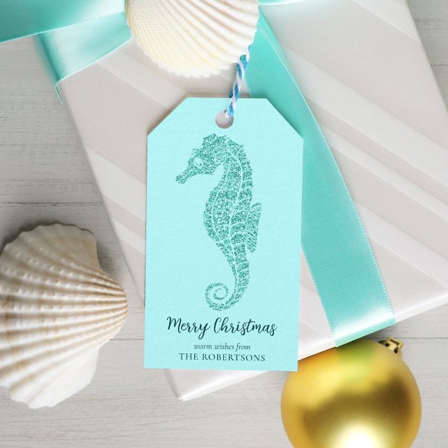 Étiquettes-cadeau Aqua Blue Coastal Noël Parties scintillant hippoca (Créateur téléchargé)