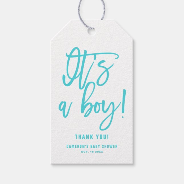 Étiquettes-cadeau Aqua Blue Hand Lettered C'est un Baby shower garço (Devant)
