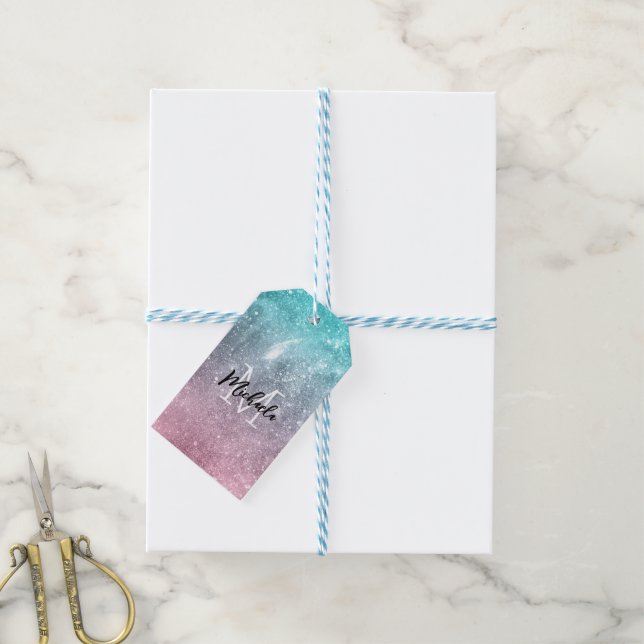 Étiquettes-cadeau Aqua blue Pink ombre mer galaxie abstraite Monogra (Avec de laficelle)