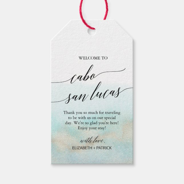 Étiquettes-cadeau Aqua Gold Beach Bienvenue à Cabo San Lucas Mariage (Devant)