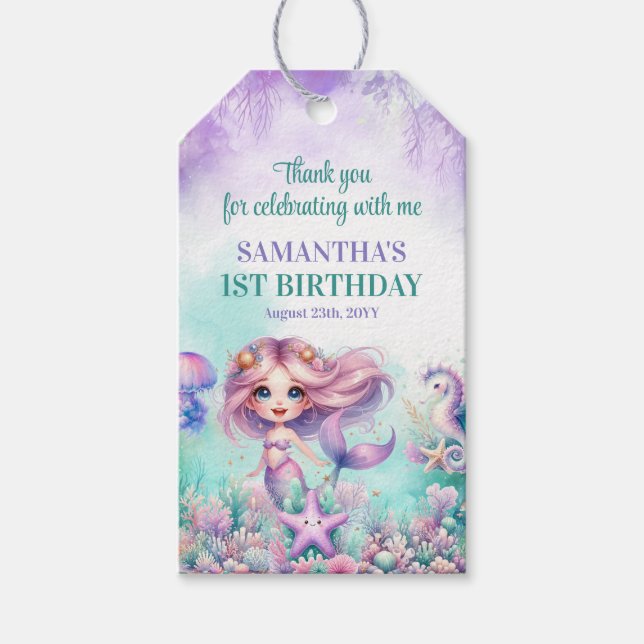 Étiquettes-cadeau Aqua Green violet Petite fille sirène 1er annivers (Devant)