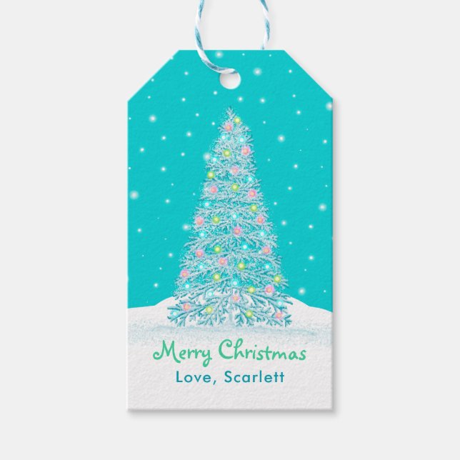 Étiquettes-cadeau Aqua Turquoise clair Décoré Noël (Devant)