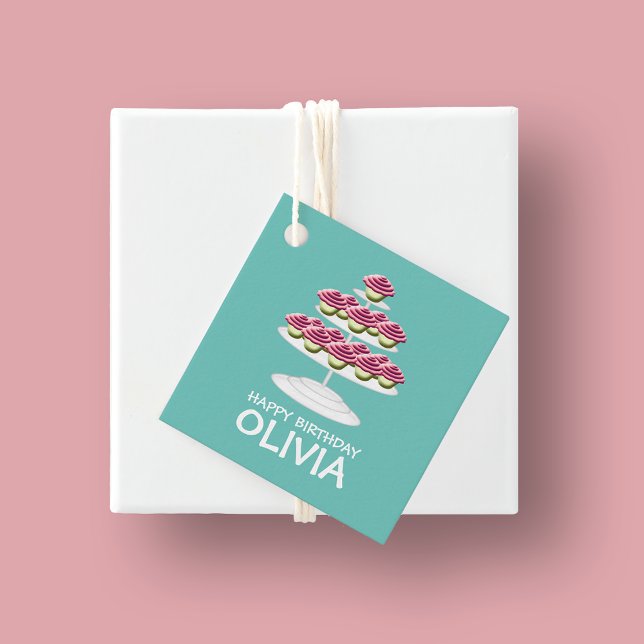 Étiquettes Cadeau Aqua White Et Rose Cupcake Tower Joyeux Anniversai (Créateur téléchargé)