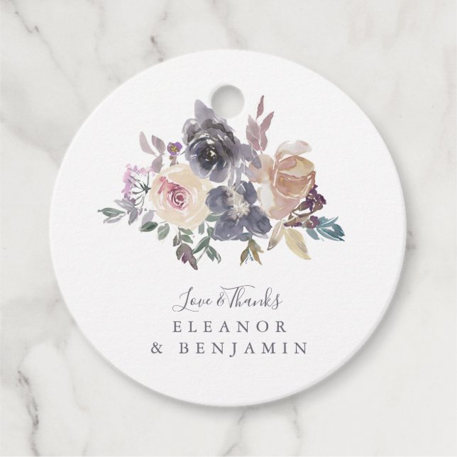 Étiquettes Cadeau Aquarelle à fleurs pourpres Dusty Mariage personna (Devant)