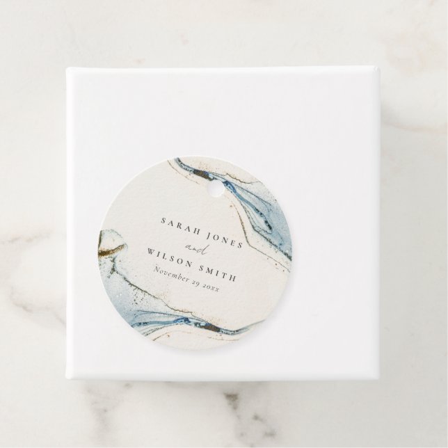 Étiquettes Cadeau Aquarelle Abstraite Blue Gold Mariage de plage (En situation)