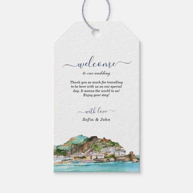 Étiquettes-cadeau Aquarelle Amalfi Coast Skyline Mariage Bienvenue (Devant)