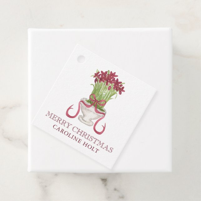 Étiquettes Cadeau Aquarelle Amaryllis Bourgogne Cadeau de Noël (En situation)