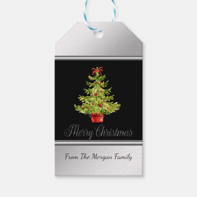 Étiquettes-cadeau Aquarelle Arbre de Noël, Noir, Argent (Devant)