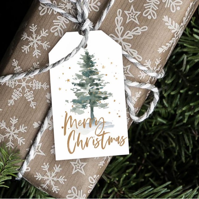 Étiquettes-cadeau Aquarelle Arbre de Noël Or (Créateur téléchargé)